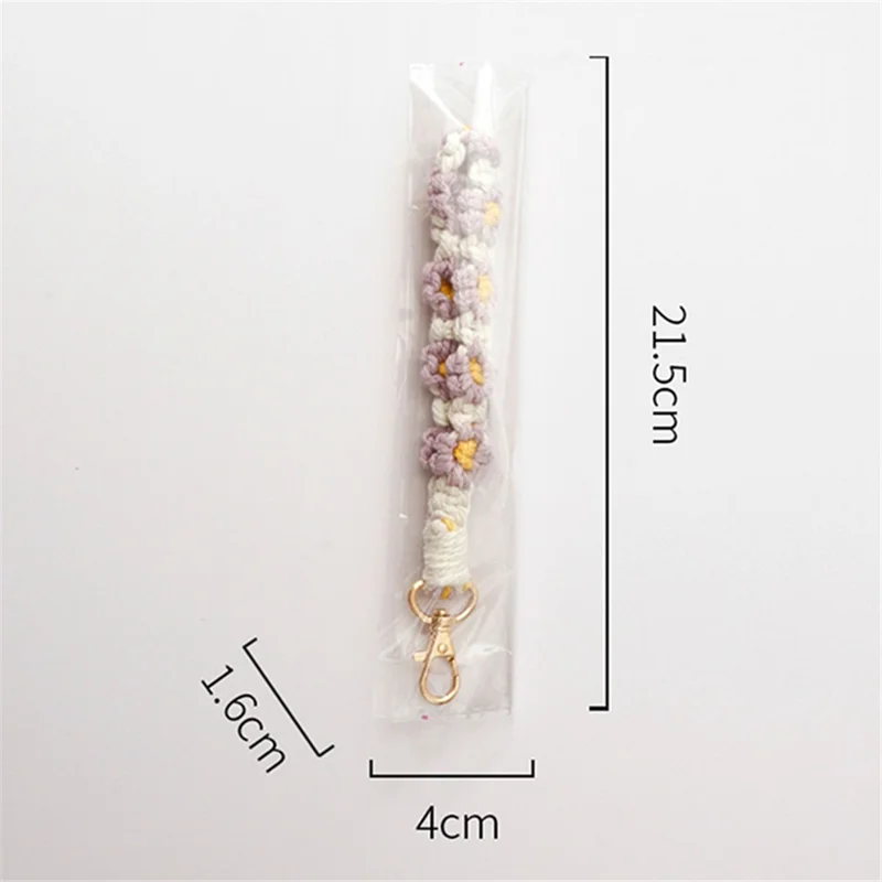 K68563 Handgewebter Telefon-Handgelenkgurt Gänseblümchen-Armband Schlüsselanhänger Anti-Verlust-Schnur - Weiß+Grau