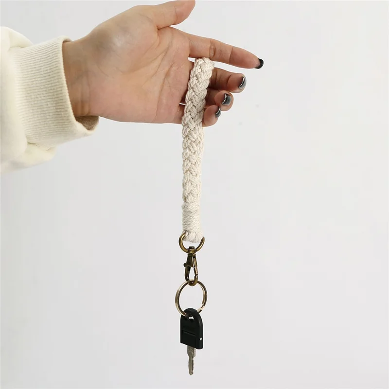 K68377 Solid Color Wrist Strap Weave Phone Lanyard Charm Wristlet Keychain for Phone Case - White