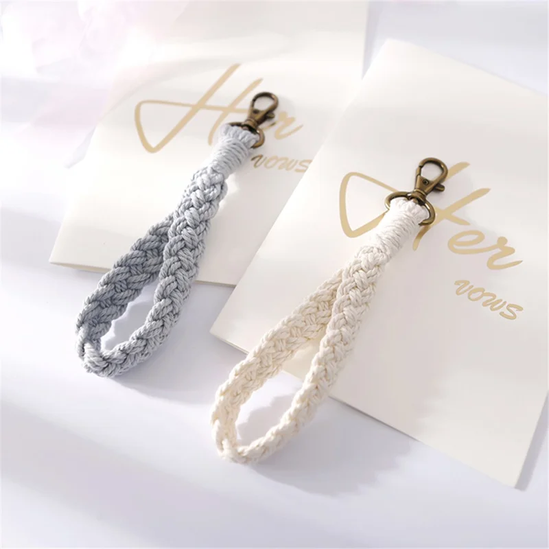 K68377 Solid Color Wrist Strap Weave Phone Lanyard Charm Wristlet Keychain for Phone Case - White