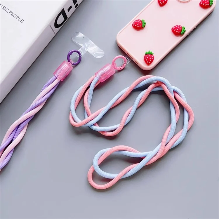 Cordón para teléfono universal de 110 cm, de dos colores, retorcido, con pestaña de sujeción transparente - Rosa+Morado