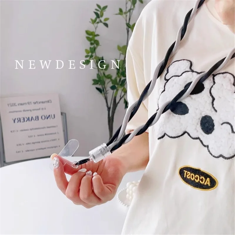 110cm Universal Phone Lanyard Dual Color Twisted Mobile Phone Neck Strap with Clear Tether Tab - Black+Grey