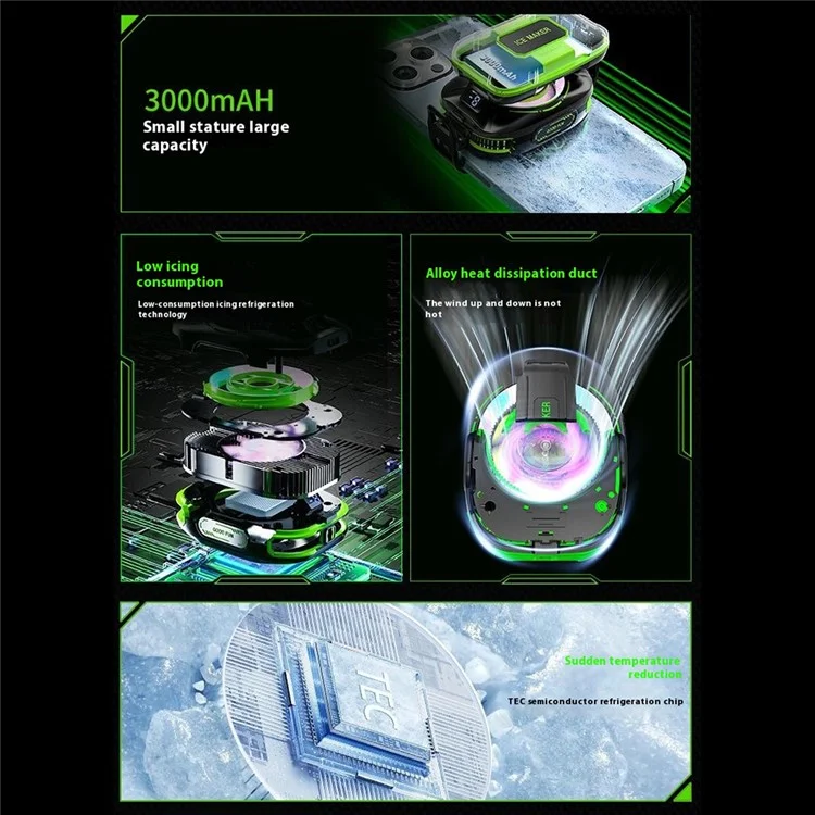 JS85 Clip On Semiconductor Phone Cooler with Digital Display 3 Speeds Silent Magnetic Cooling Fan