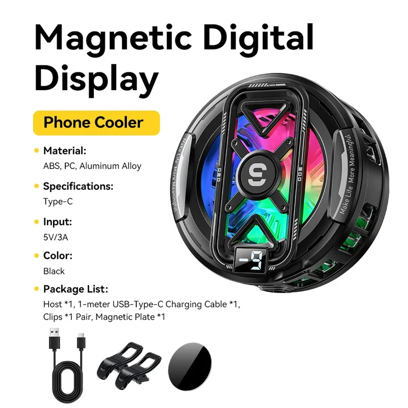 ESSAGER K51 Magnetic Digital Display Phone Cooler RGB Lighting Gaming TEC Cooling Fan Radiator for Smartphone - Black
