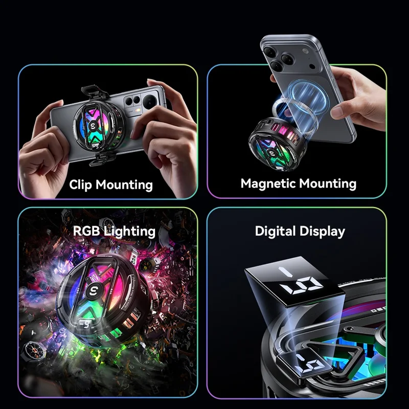 ESSAGER K51 Magnetic Digital Display Phone Cooler RGB Lighting Gaming TEC Cooling Fan Radiator for Smartphone - Black