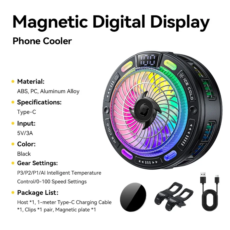 ESSAGER K50 Magnetic Digital Display Phone Cooler TEC Semiconductor AI Temperature Control RGB Lighting Cooling Fan for Gaming - Black