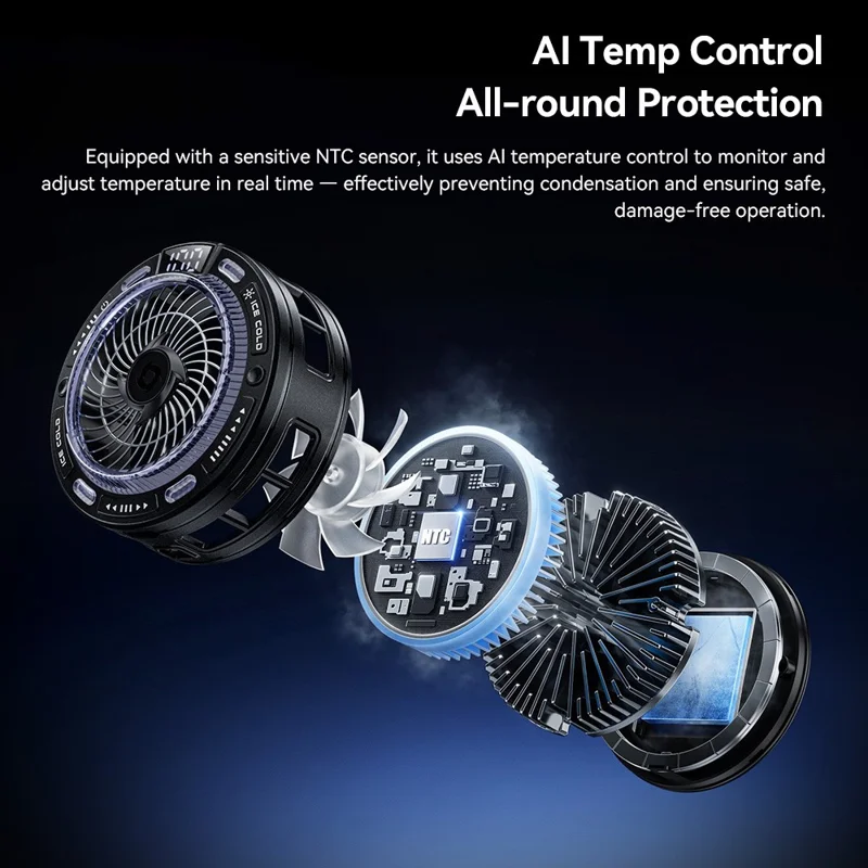 ESSAGER K50 Magnetic Digital Display Phone Cooler TEC Semiconductor AI Temperature Control RGB Lighting Cooling Fan for Gaming - Black