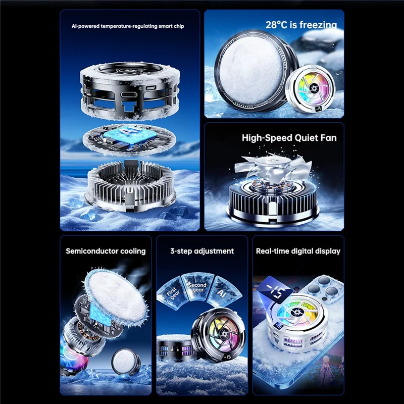 SL70 Magnetic Phone Cooler AI Temperature Control Digital Display RGB Fan Semiconductor Cooler for Gaming - Black