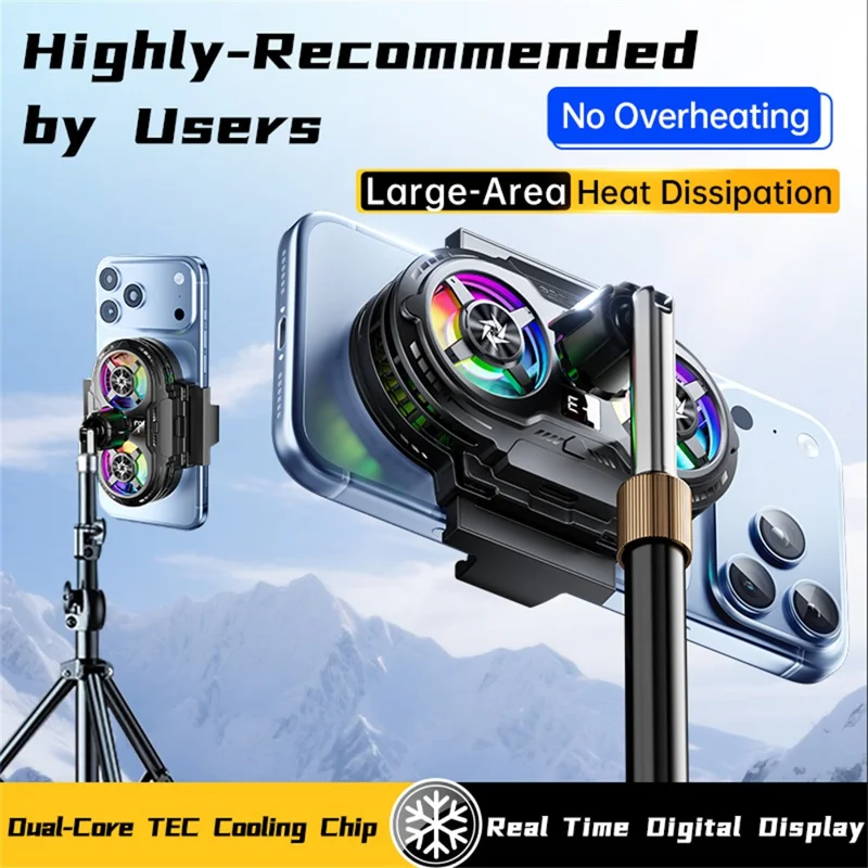 SL75 Semiconductor Phone Cooler Dual-Fan TEC Cooling 360-Degree Adjustable Stand for Live Streaming - Black
