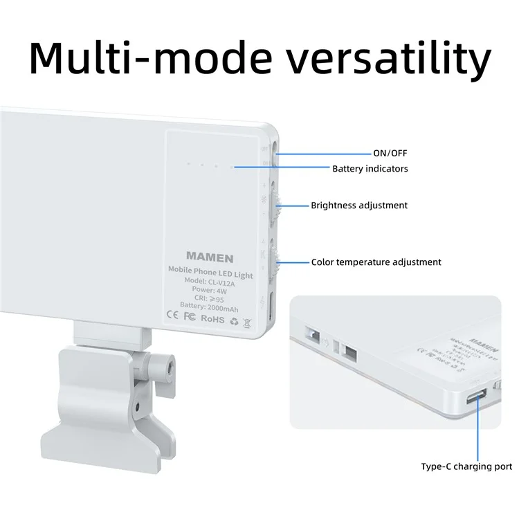 V12A Portable Selfie Live Streaming LED Fill Light Phone Laptop Video Conference Fill Lamp - White