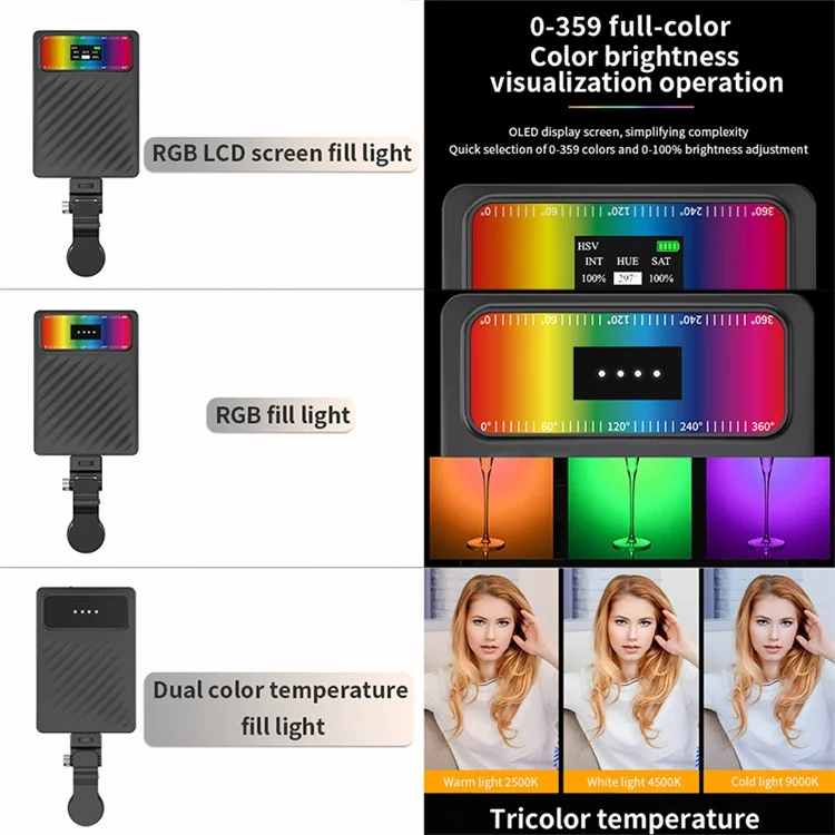 V16R 24 Effects RGB Light Clip-On Pocket Fill Light with OLED Screen for Mobile Phone / Tablet / Laptop
