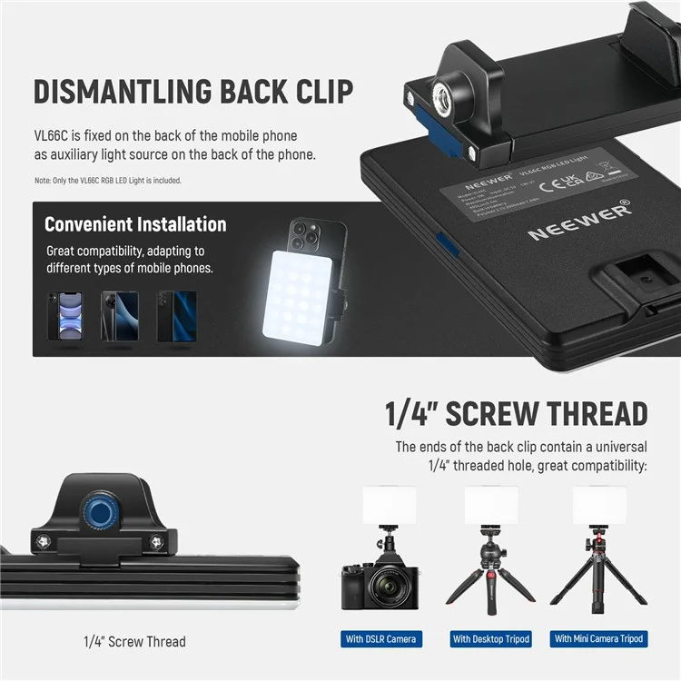 NEEWER VL66C Clip-On 66-LED 360 Degree Full Color RGB Video Light for Phone / Laptop / Tablet