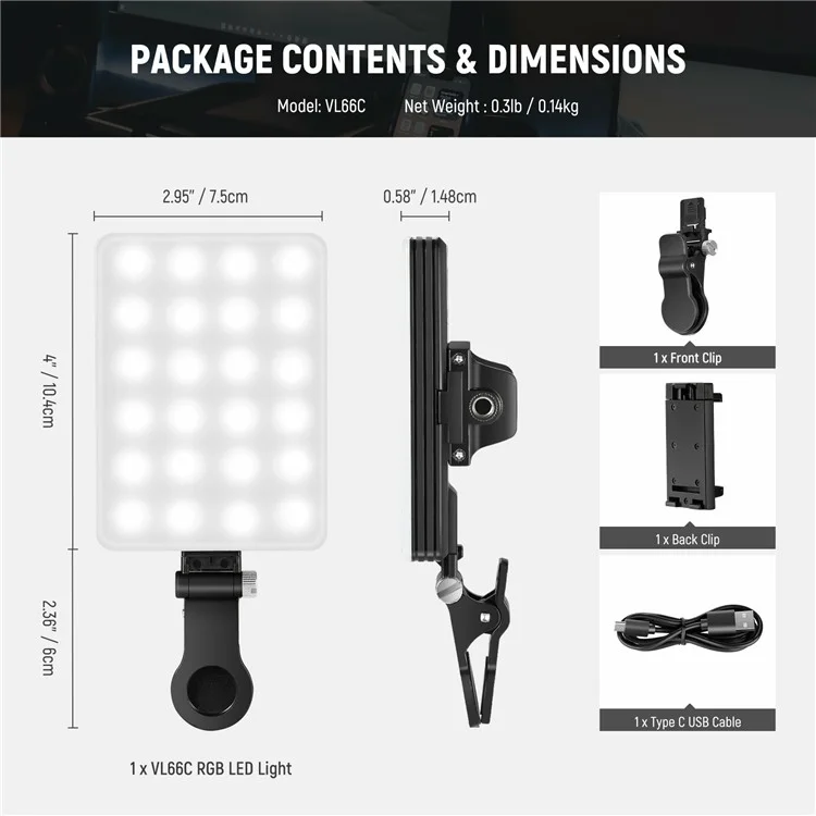 NEEWER VL66C Clip-On 66-LED 360 Degree Full Color RGB Video Light for Phone / Laptop / Tablet