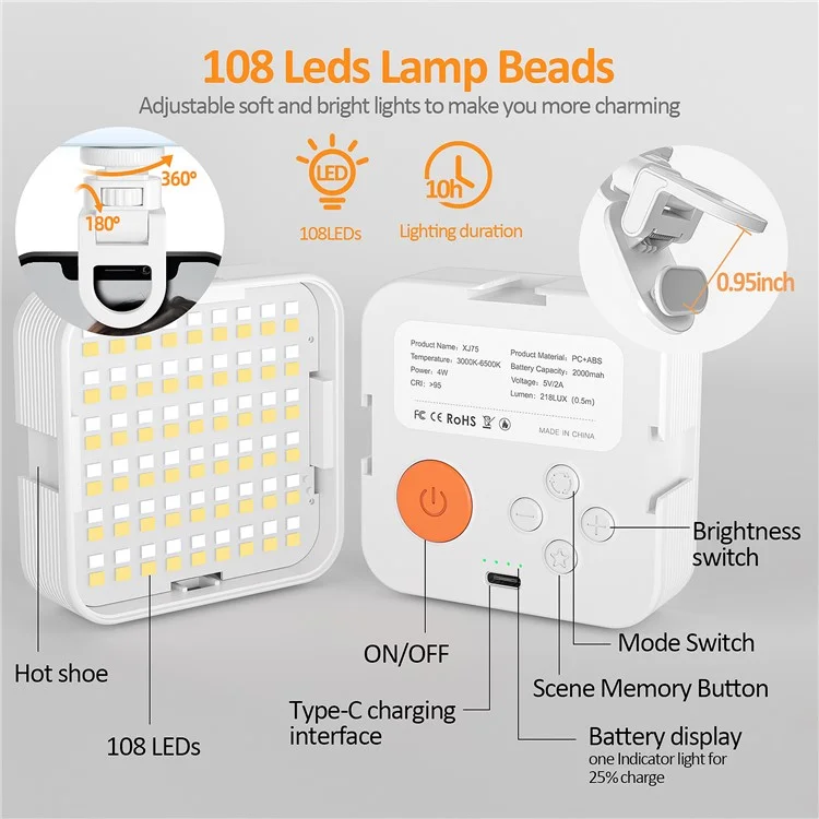 XJ75 Pocket LED Video Light 3 Color Temperatures Live Streaming VLOG Video Conferencing Fill Light