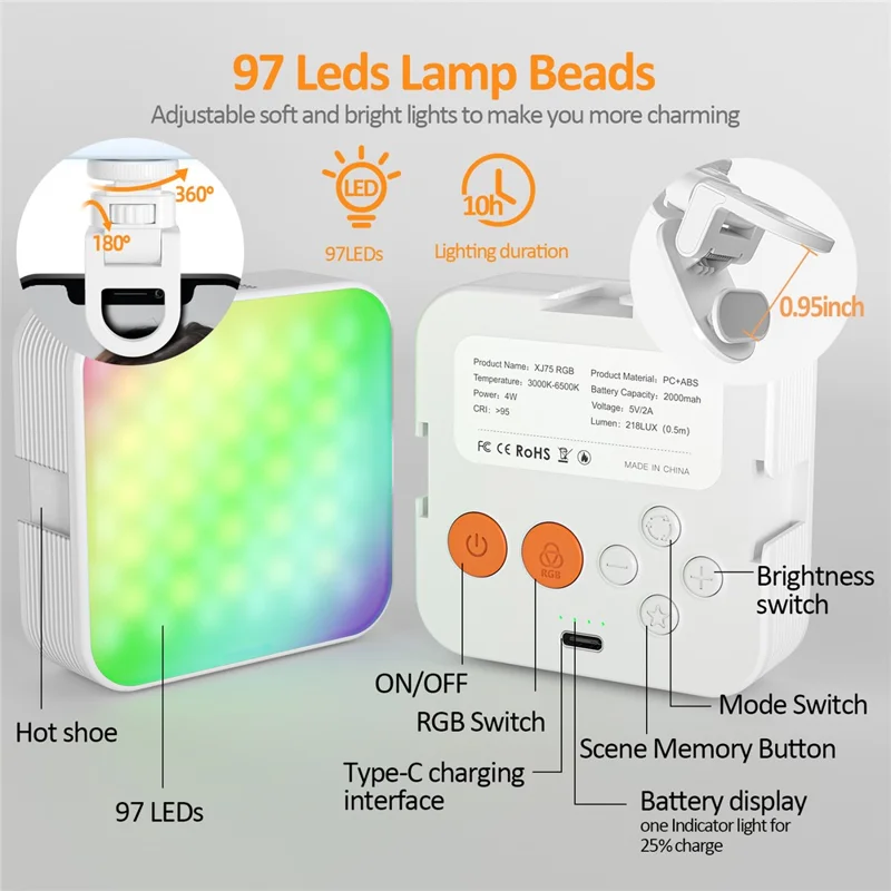 XJ75 Mobile Phone Fill Light RGB + 3 Color Temperatures Video Conference Photography Light