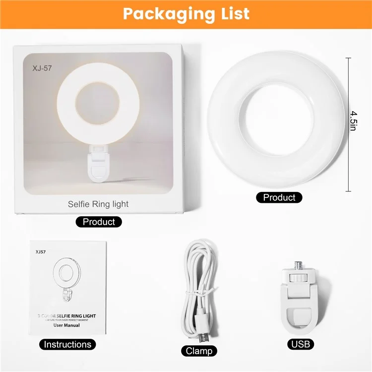 XJ57 Portable Live Streaming Phone Laptop LED Fill Light Video Conference Ring Light