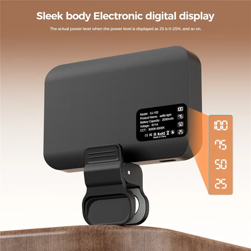 XJ102 Lommelys med 3 farvetemperaturer, klemmes på fotolampe til live-streaming, indbygget 2000 mAh batteri - Sort