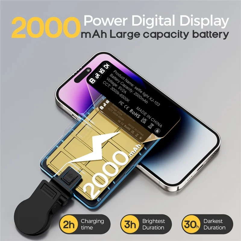 XJ103 Bærbar Selfie-lys med 3 farvetemperaturer, fyldlys til fotografering til livesending og videoconferencer