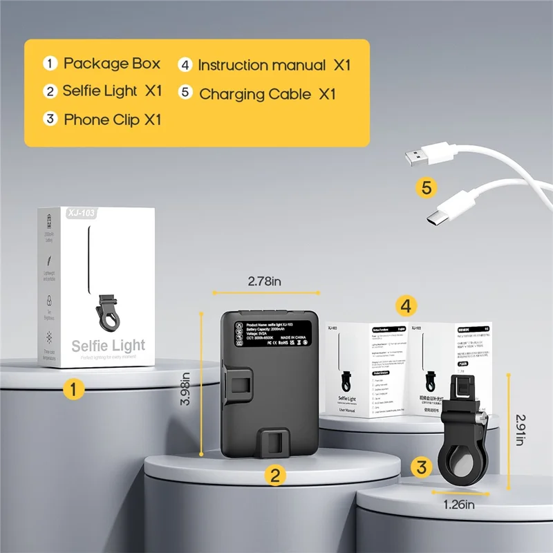 XJ103 Bærbar Selfie-lys med 3 farvetemperaturer, fyldlys til fotografering til livesending og videoconferencer
