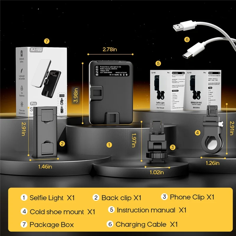 XJ103 Pro Portable Selfie Light avec Clip 3 Température de Couleur Photographie Remplir Lumière Rechargeable 2000mAh