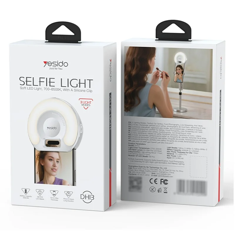 YESIDO DH13 Selfie Ring Light Phone Clip On LED Lighting 3 Color Modes for Photography / Streaming / Makeup