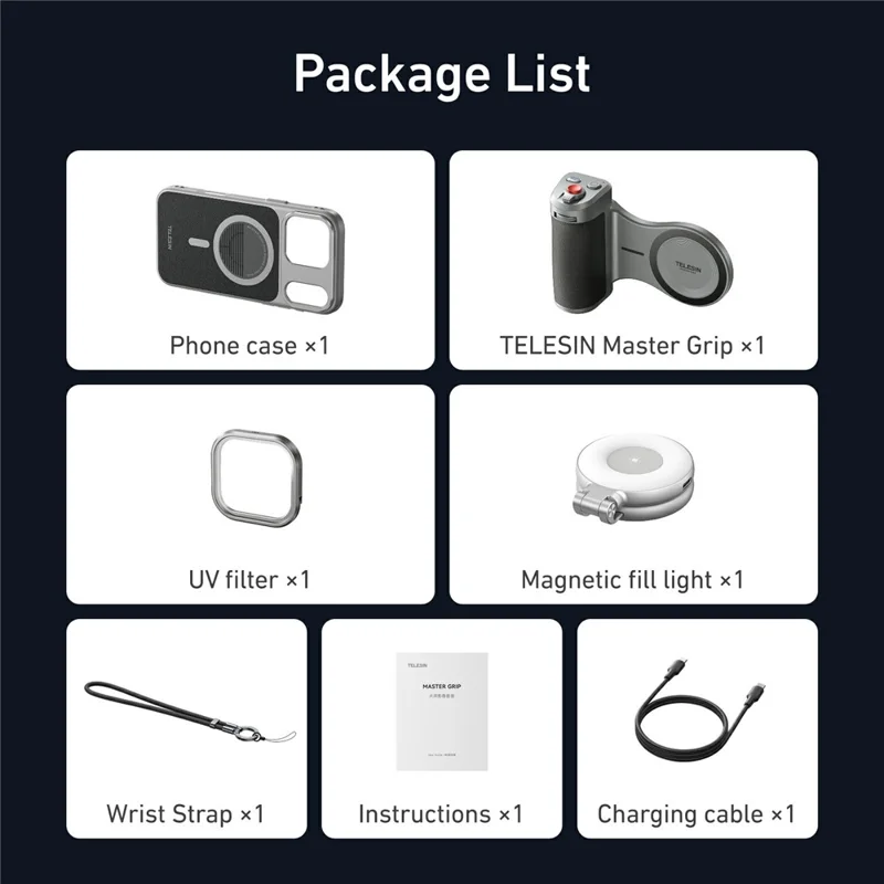 TELESIN Pour iPhone 17 Pro Max Kit de Photographie avec Étui / Poignée / Lumière de Remplissage / Accessoires de Filtre UV