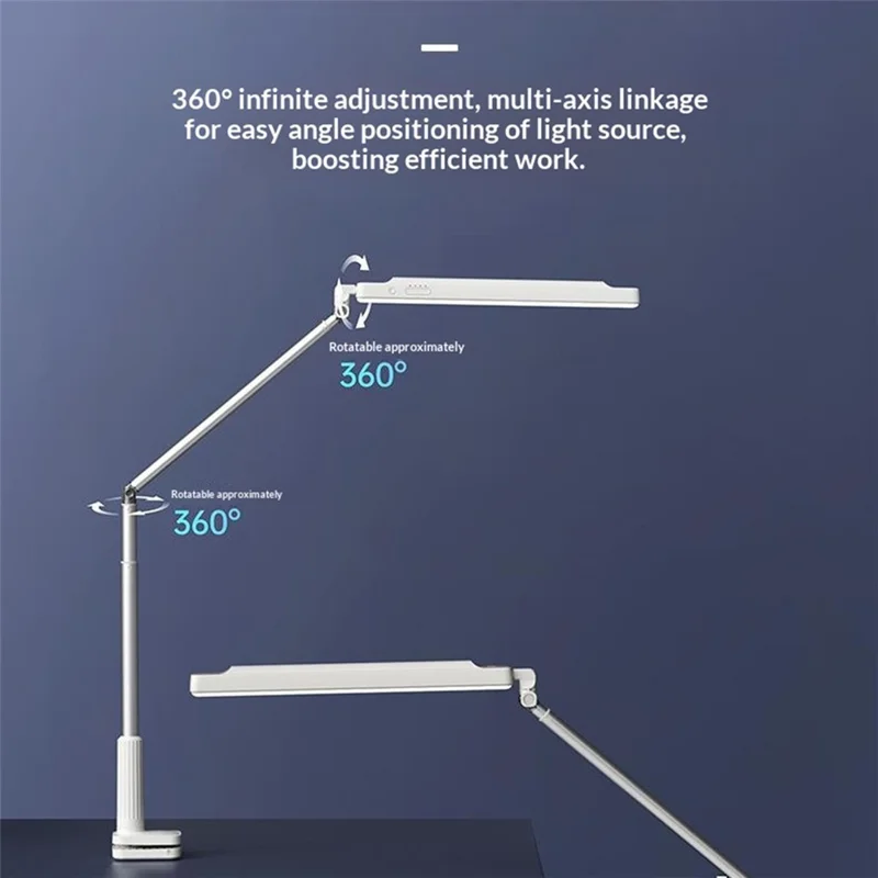 T6 360° Rotatable Desk Lamp Eye Protection Foldable Clip-On Extended Arm Light for Reading Writing - White