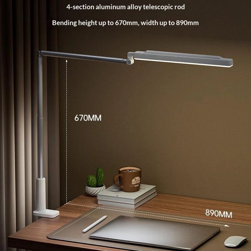 T6 360° Rotatable Desk Lamp Eye Protection Foldable Clip-On Extended Arm Light for Reading Writing - White