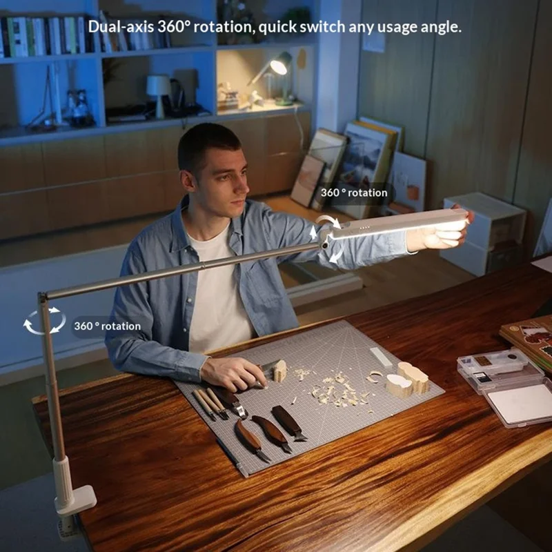 T6 360° Rotatable Desk Lamp Eye Protection Foldable Clip-On Extended Arm Light for Reading Writing - White