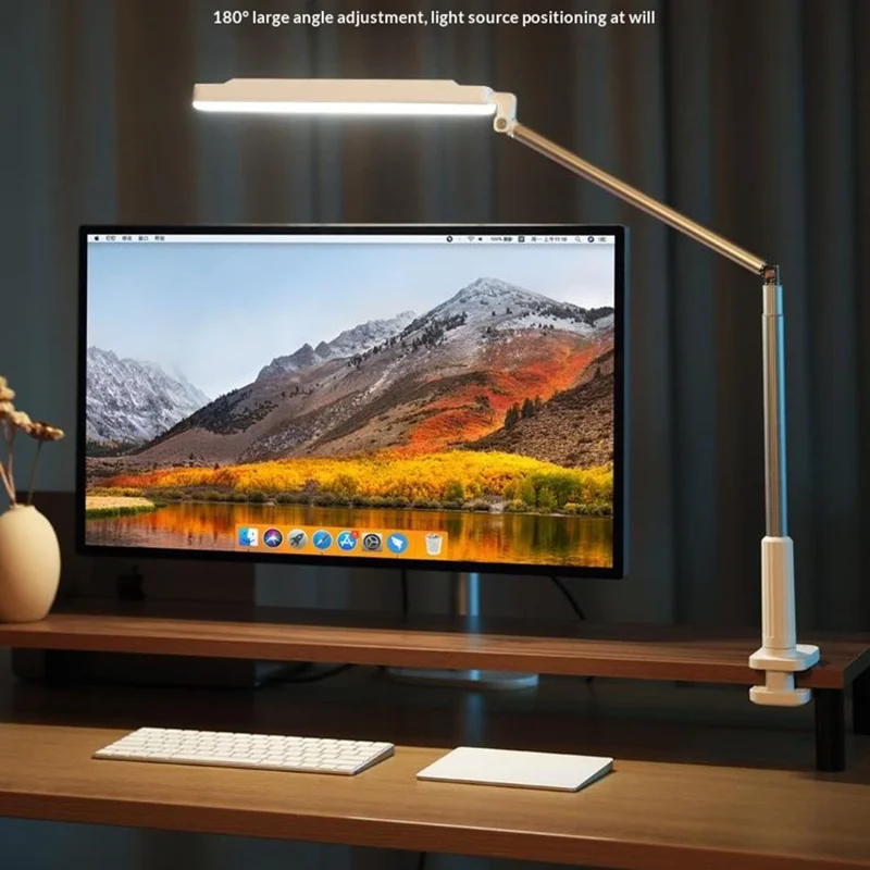 T6 360° Rotatable Desk Lamp Eye Protection Foldable Clip-On Extended Arm Light for Reading Writing - White