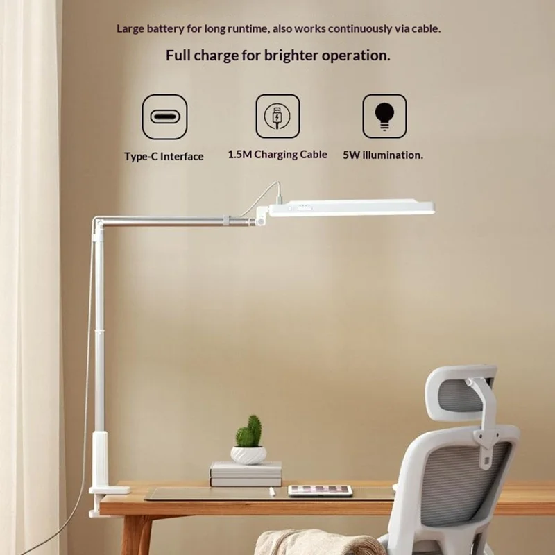 T6 360° Rotatable Desk Lamp Eye Protection Foldable Clip-On Extended Arm Light for Reading Writing - White