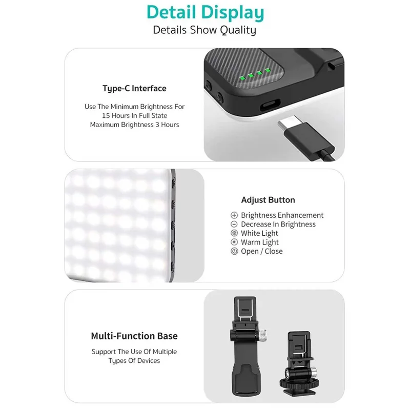 COTECI LA-001 Tri-Color LED-fyllningsljus Bärbar fotobelysning med 10 ljusstyrkenivåer - Svart