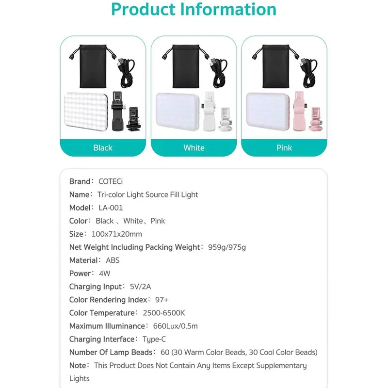 COTECI LA-001 Tri-Color LED-fyllningsljus Bärbar fotobelysning med 10 ljusstyrkenivåer - Svart