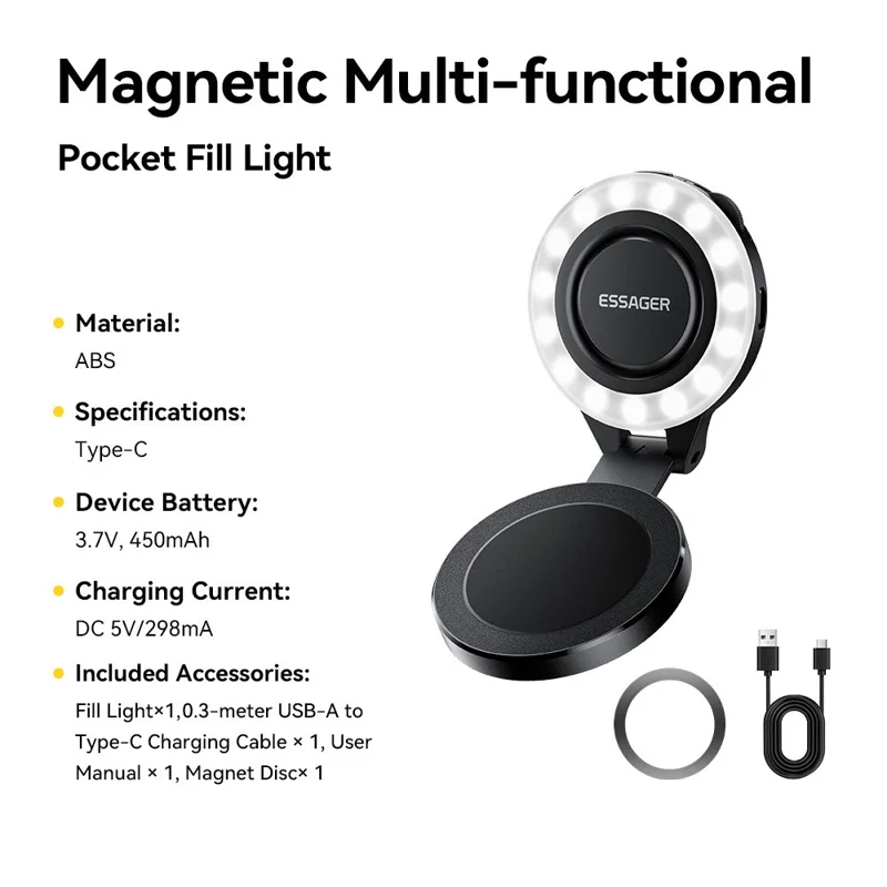 ESSAGER D13 Luz de Preenchimento de Bolso Multifuncional com Ímã, Difusor em Formato de Anel, Luz de Relleno Ajustável com 3 Temperaturas de Cor para Selfies e Fotografia - Preto