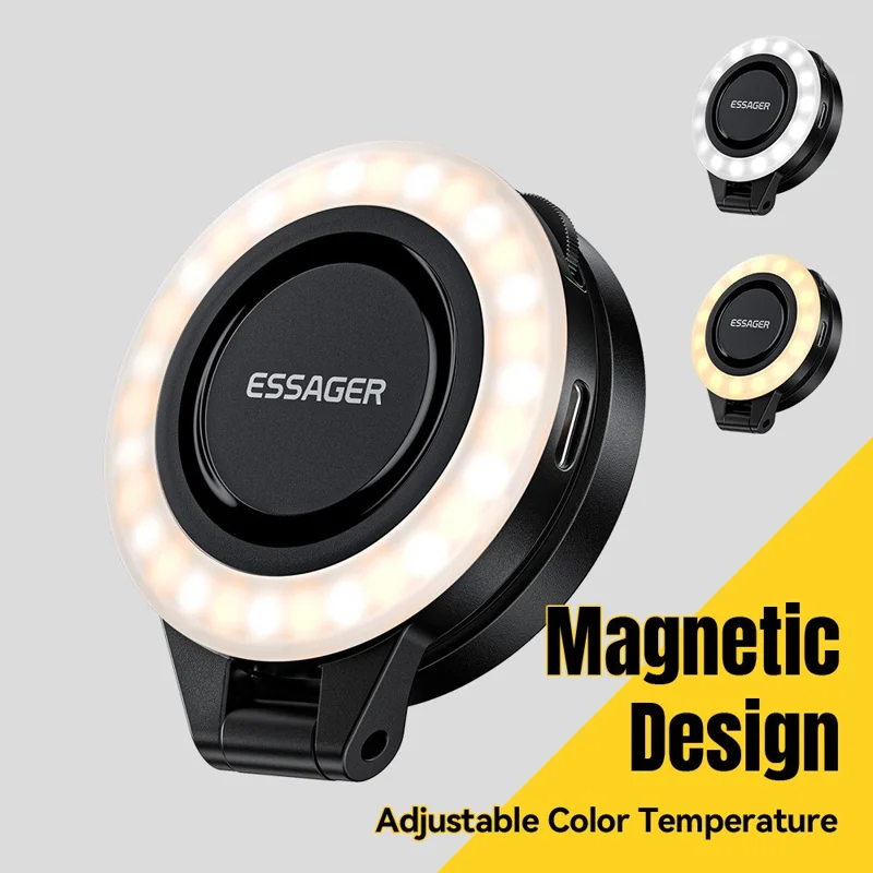 ESSAGER D13 Luz de Preenchimento de Bolso Multifuncional com Ímã, Difusor em Formato de Anel, Luz de Relleno Ajustável com 3 Temperaturas de Cor para Selfies e Fotografia - Preto