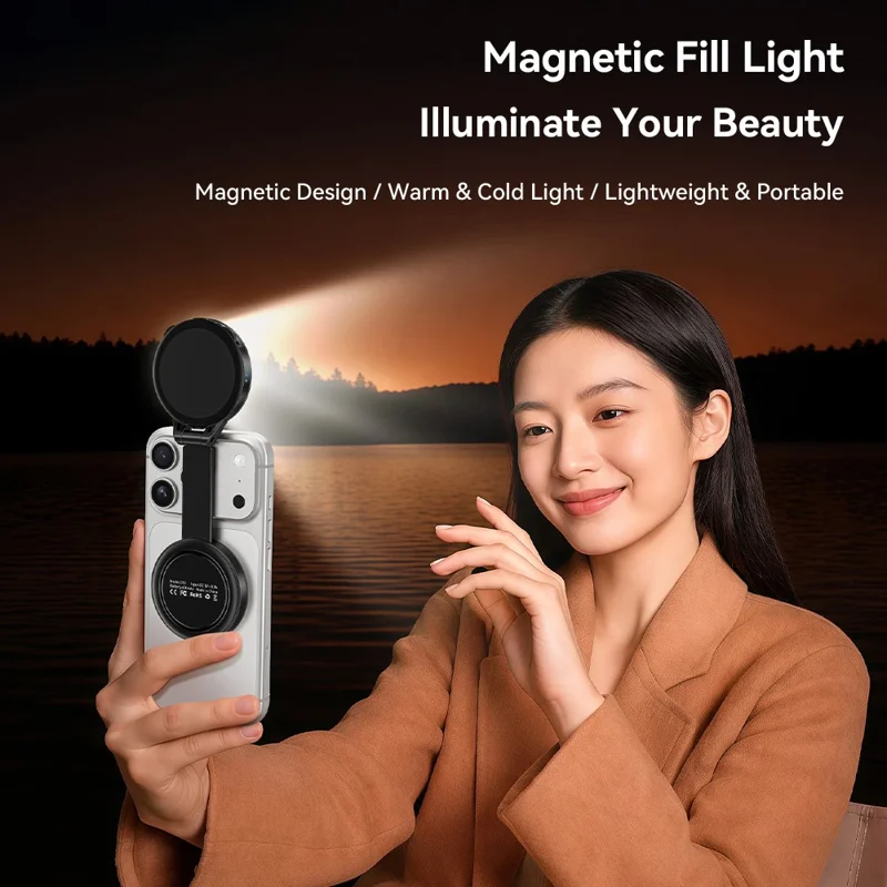 ESSAGER D13 Luz de Preenchimento de Bolso Multifuncional com Ímã, Difusor em Formato de Anel, Luz de Relleno Ajustável com 3 Temperaturas de Cor para Selfies e Fotografia - Preto