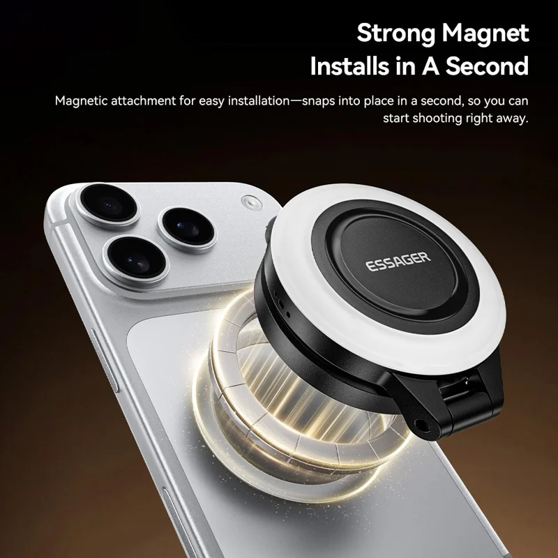 ESSAGER D13 Luz de Preenchimento de Bolso Multifuncional com Ímã, Difusor em Formato de Anel, Luz de Relleno Ajustável com 3 Temperaturas de Cor para Selfies e Fotografia - Preto