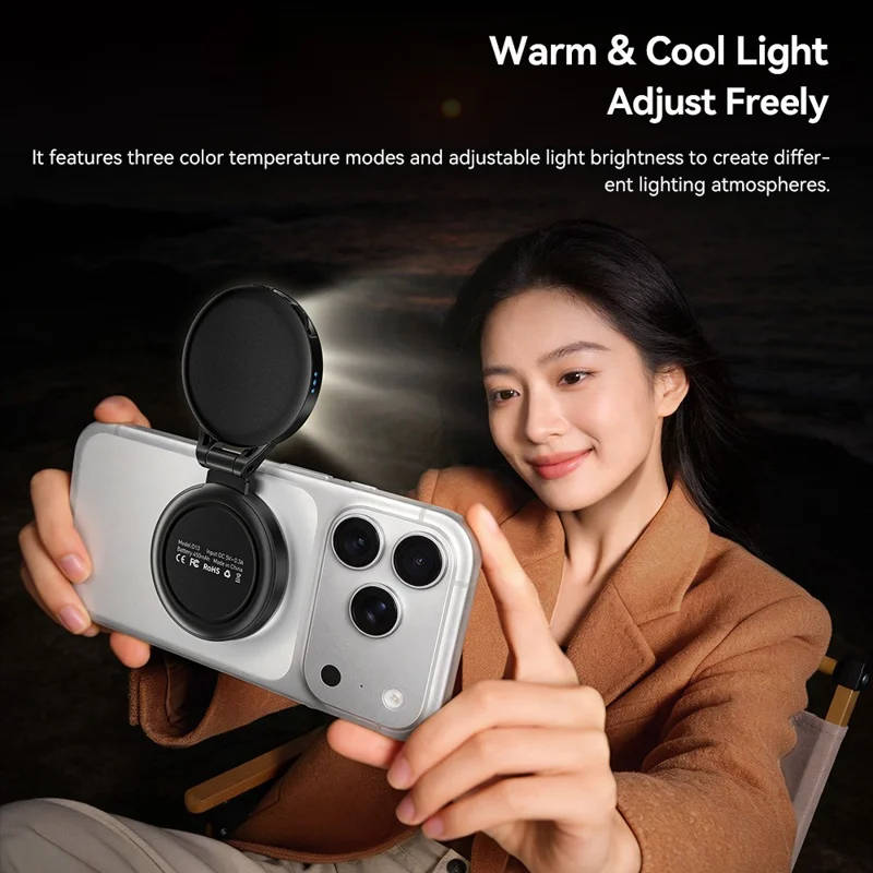 ESSAGER D13 Luz de Preenchimento de Bolso Multifuncional com Ímã, Difusor em Formato de Anel, Luz de Relleno Ajustável com 3 Temperaturas de Cor para Selfies e Fotografia - Preto
