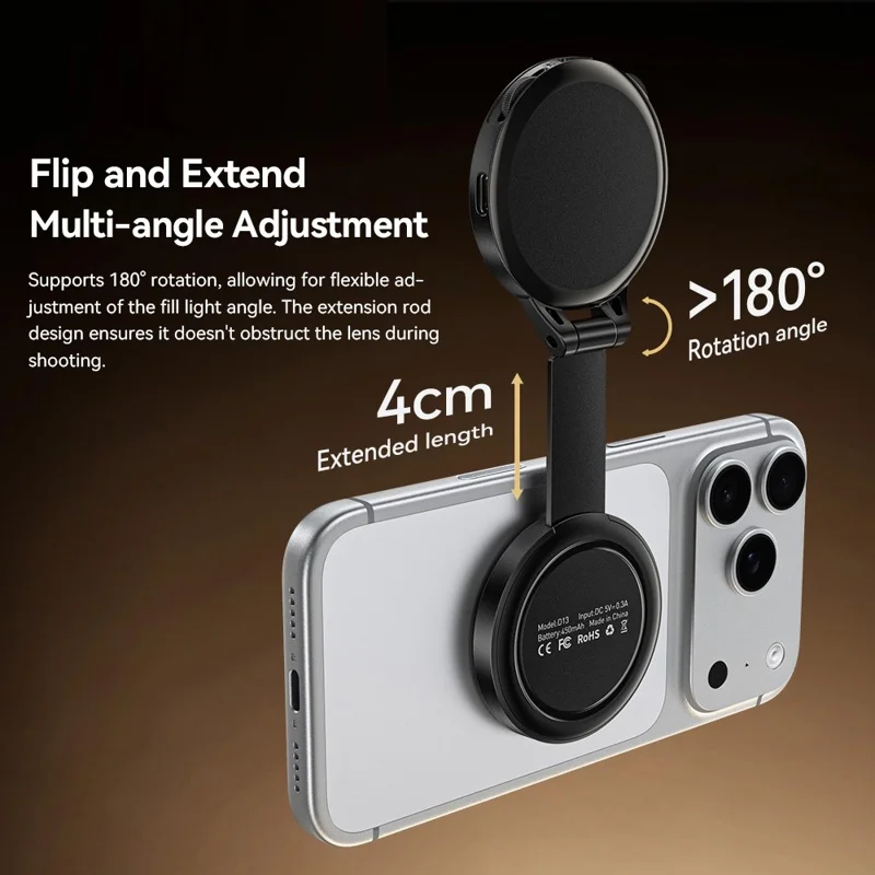 ESSAGER D13 Luz de Preenchimento de Bolso Multifuncional com Ímã, Difusor em Formato de Anel, Luz de Relleno Ajustável com 3 Temperaturas de Cor para Selfies e Fotografia - Preto