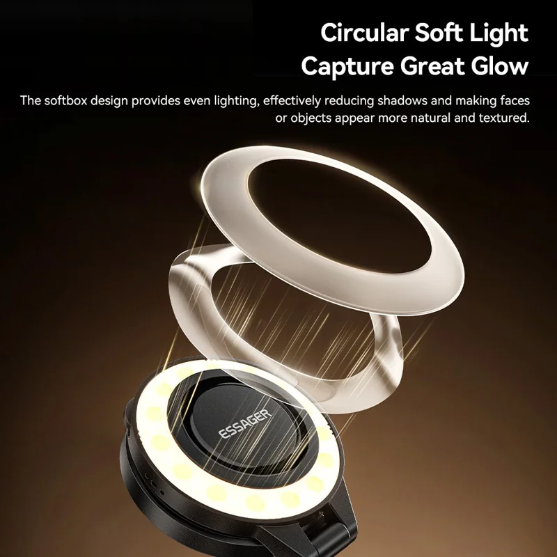 ESSAGER D13 Luz de Preenchimento de Bolso Multifuncional com Ímã, Difusor em Formato de Anel, Luz de Relleno Ajustável com 3 Temperaturas de Cor para Selfies e Fotografia - Preto