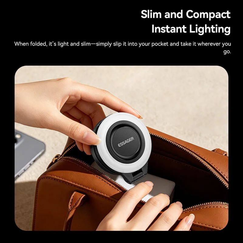 ESSAGER D13 Luz de Preenchimento de Bolso Multifuncional com Ímã, Difusor em Formato de Anel, Luz de Relleno Ajustável com 3 Temperaturas de Cor para Selfies e Fotografia - Preto