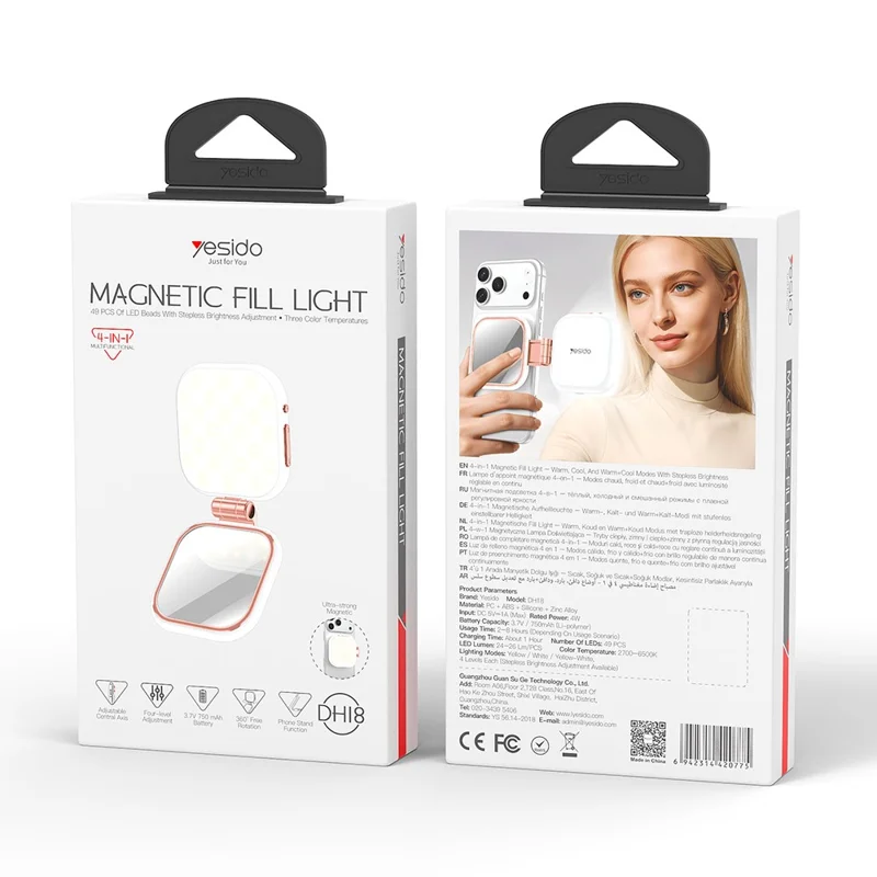 YESIDO DH18 4 in 1 Magnetic Fill Light with Stand Mirror 750mAh LED Ring Light Stepless Brightness Adjustment Lamp - White