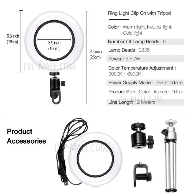 6.3inch Video Conference Lamp Clip On Ring Light with Mini Tripod for Laptop Computer Monitor