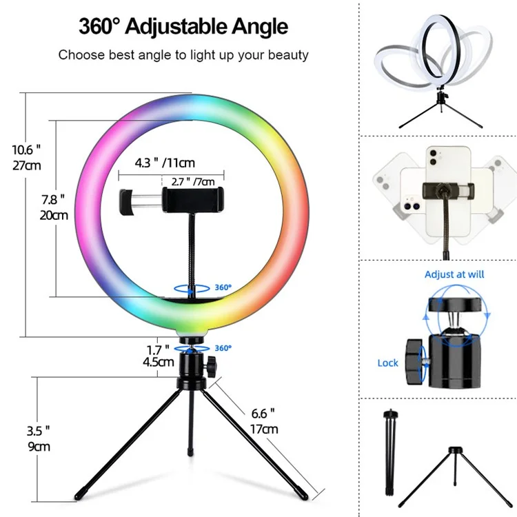 S26-RGB Anello LED RGB da 10 pollici Luce di riempimento per fotografia Self-Portrait con supporto per telefono e treppiede
