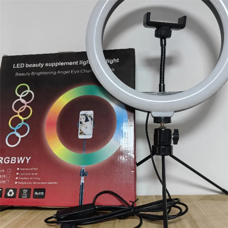 S26-RGB Anello LED RGB da 10 pollici Luce di riempimento per fotografia Self-Portrait con supporto per telefono e treppiede