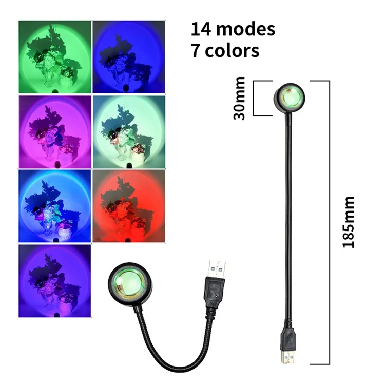 R13 Romantic Sunset Projector Lamp USB Atmosphere Lamp LED Night Light for Bedroom Coffee Store, 7 Colors