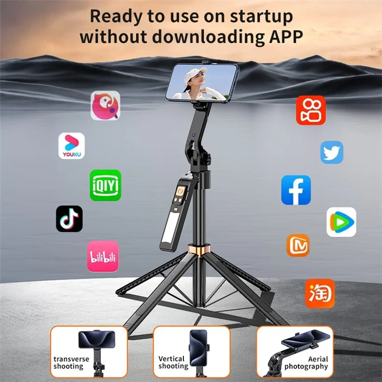 CL10 1.8m Gesture Tracking Tripod 3-Color Fill Light Selfie Stick with Remote Control - Black