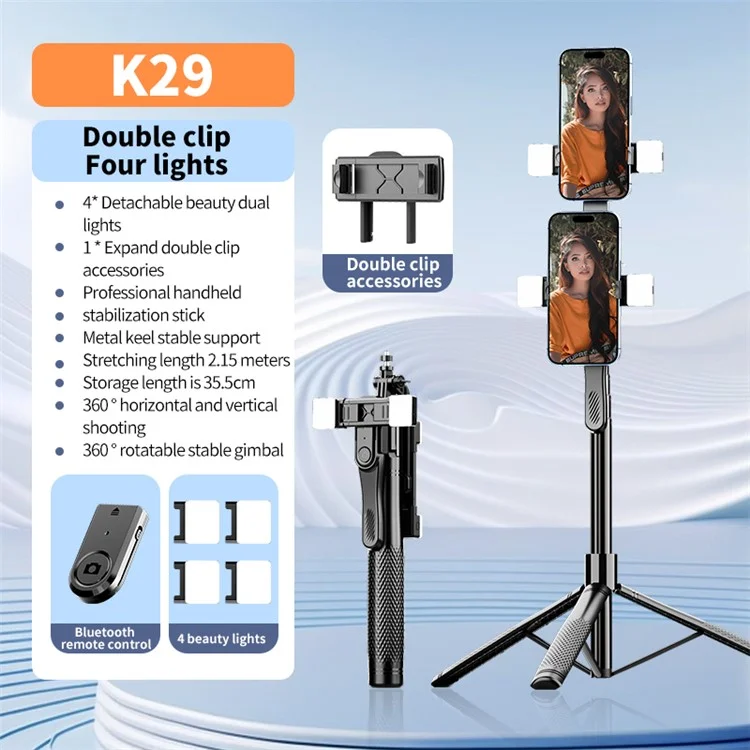 K29 2.15m Bluetooth-compatible Selfie Stick Double Phone Clip Tripod Stand with 4 Fill Light