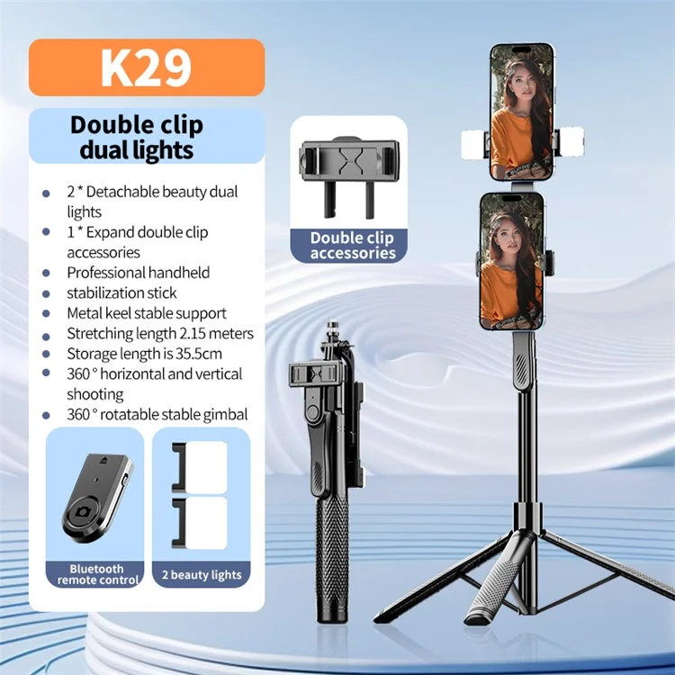 K29D 2.15m Bluetooth-compatible Selfie Stick Double Phone Clip Tripod Stand with Dual Fill Light