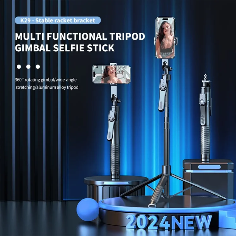 K29 Bluetooth-селфи-палка 2,15 м с поворотным стабилизатором 360 градусов и двойным зажимом для телефона