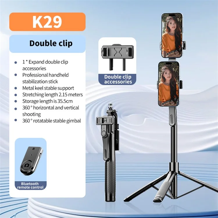 K29 Bluetooth-селфи-палка 2,15 м с поворотным стабилизатором 360 градусов и двойным зажимом для телефона